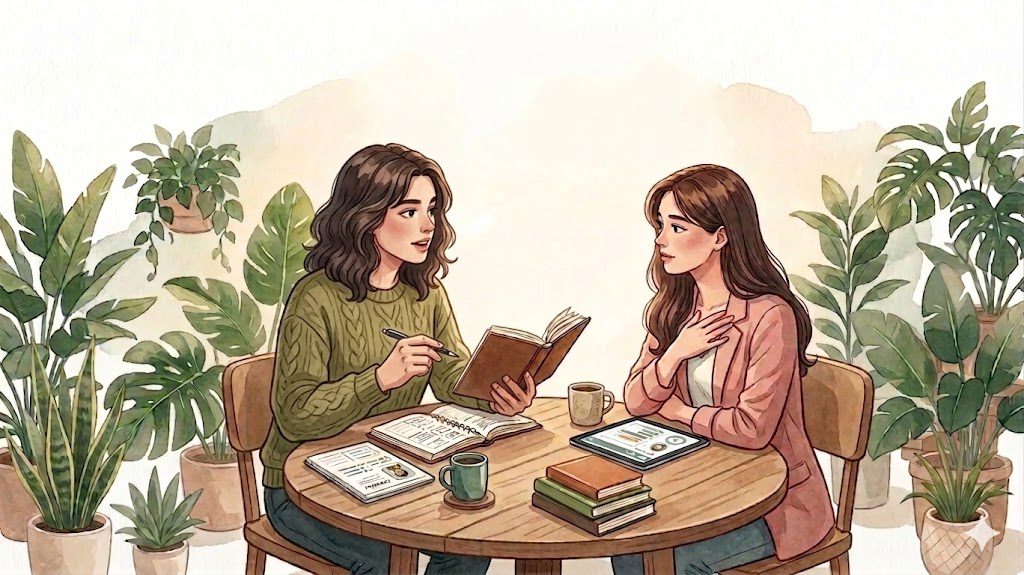 A calming, watercolor-style illustration of a 1-on-1 coaching session between two young women to build personal accountability. Sitting at a round wooden table surrounded by lush potted houseplants, the woman on the left in a green sweater holds a notebook and guides the conversation, while the woman on the right listens intently. The table is neatly arranged with notebooks, coffee mugs, and a tablet showing progress charts, reflecting a supportive environment focused on growth and individual accountability.